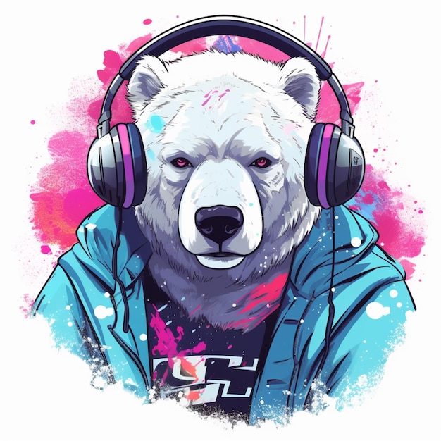 A bear with a blue hoodie and headphones on