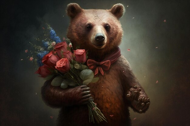 A bear with a bow and a bouquet of roses