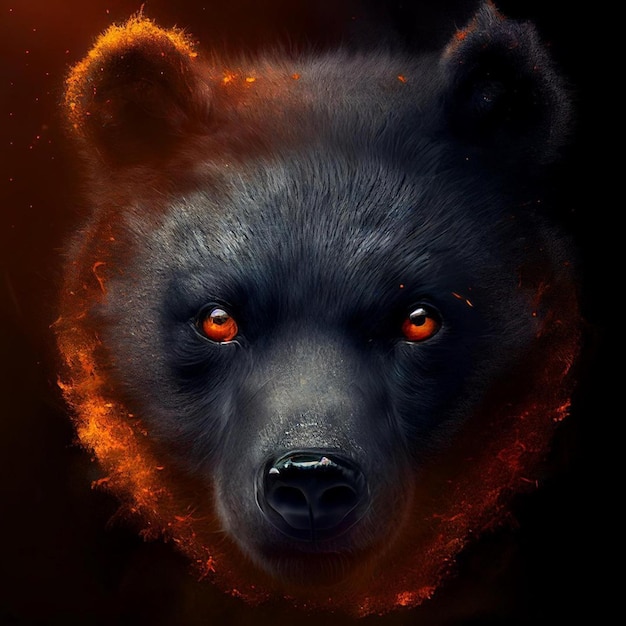 A bear with a burning face is in a black background.