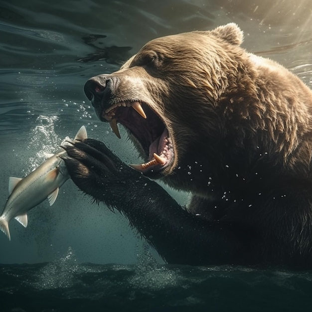 медведь с рыбой во рту и рыба в воде.