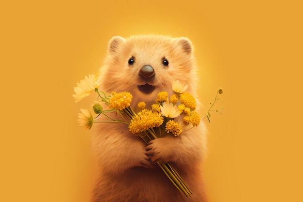 3월 8일 Generative Ai의 노란색 배경 엽서 위에 꽃을 들고 있는 곰