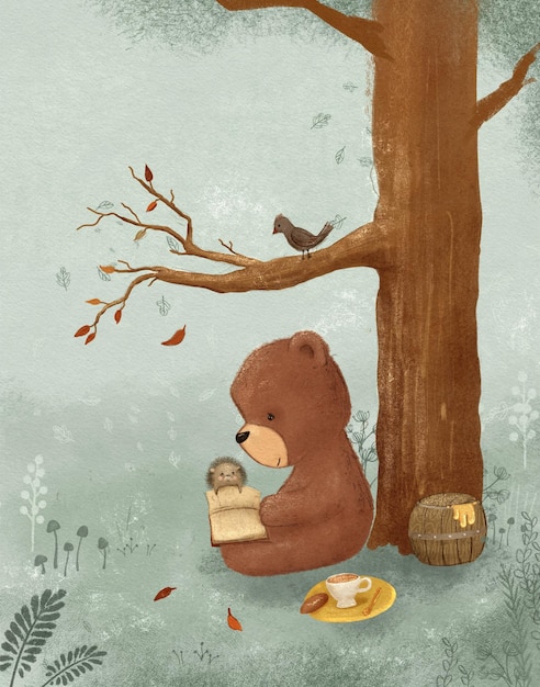 Bear with friends reading a book under a tree in the forest