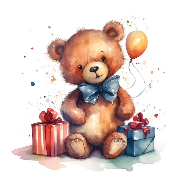 A bear with a gift box and a balloon