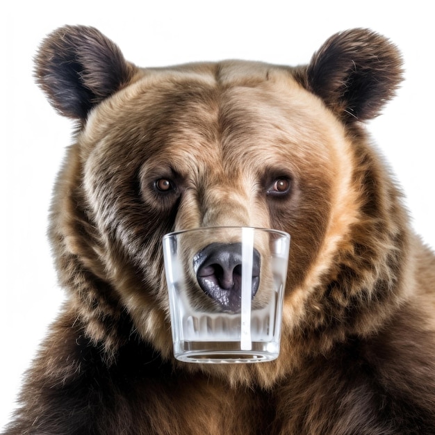 a bear with a glass of water in it's mouth.