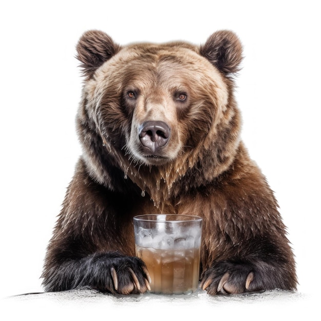 a bear with a glass of whiskey and a drink