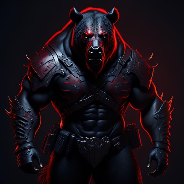 A bear with a gun on his chest is standing in a dark room.