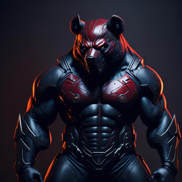 A bear with a gun on his chest stands in a dark room.