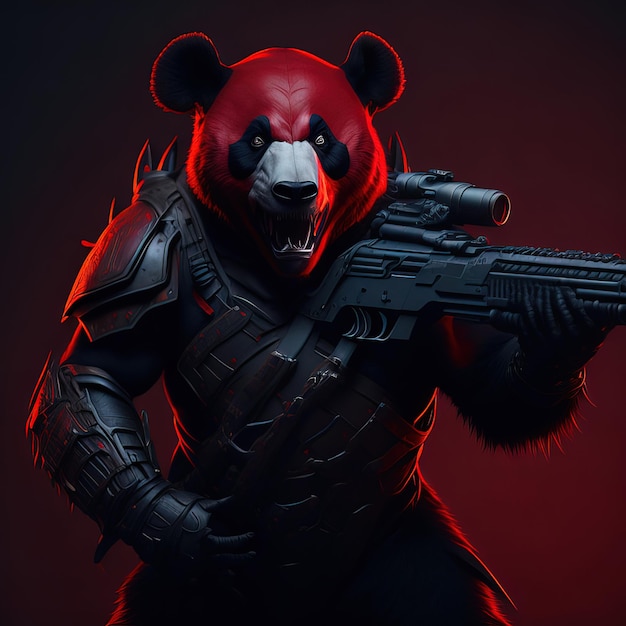 A bear with a gun is standing in a dark room.