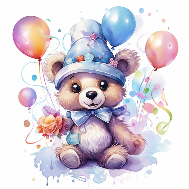 A bear with a hat and a bunch of balloons