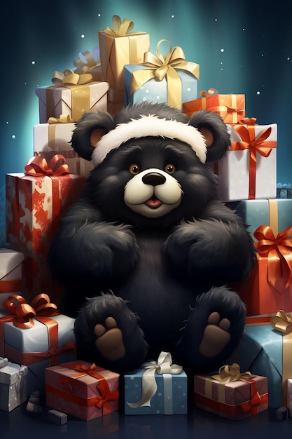 a bear with a hat on his head sits among the presents