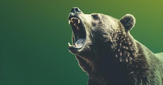 A bear with its mouth open and a green background.