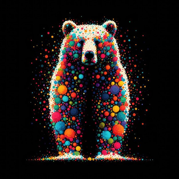 a bear with many colors and a black background with a yellow and blue circle around it
