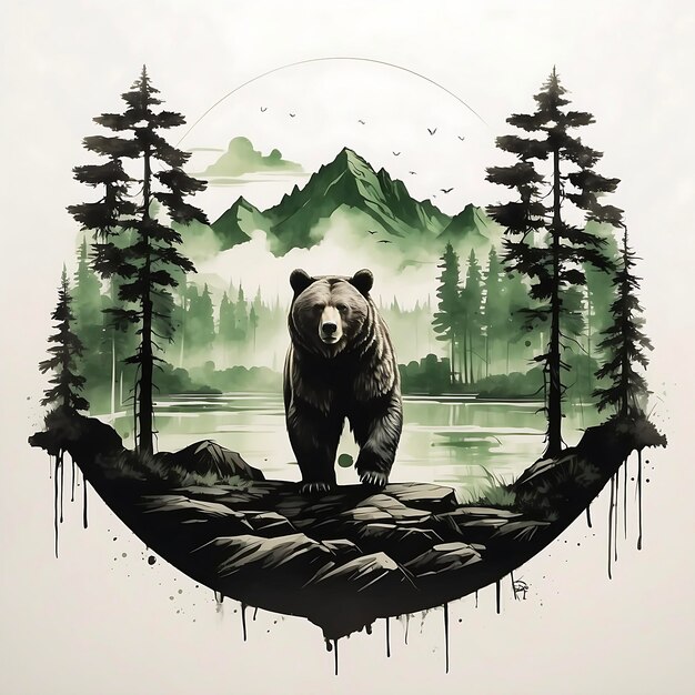 Медведь с горами, скалами и деревьями в зеленую погоду.