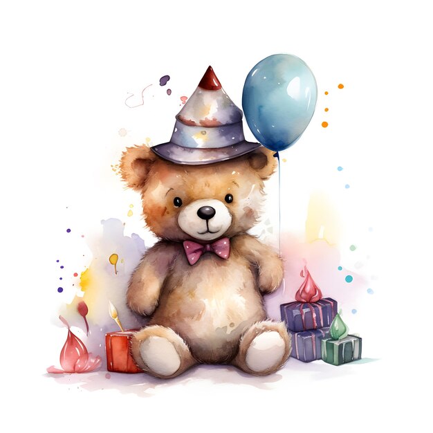 A bear with a party hat sits next to a birthday cake.