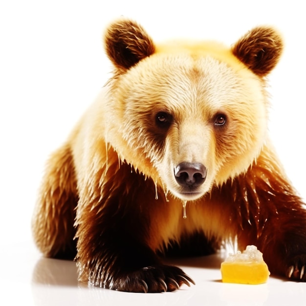 A bear with a piece of cheese on its paws