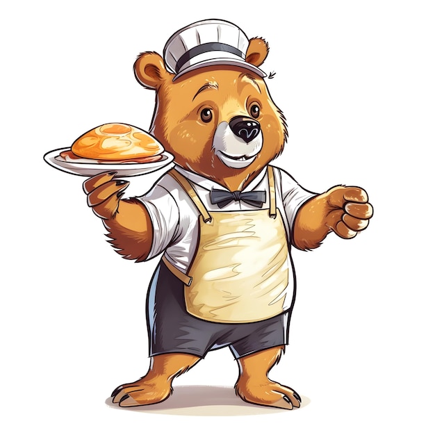 A bear with a plate of pancakes on it