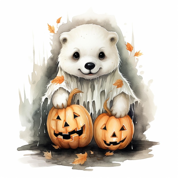 a bear with a pumpkin and pumpkins on it