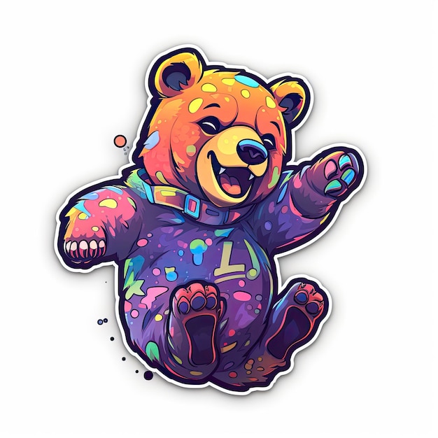 A bear with a rainbow colored face is standing on its hind legs