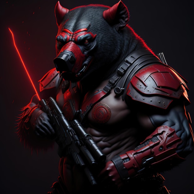 A bear with a red light on his chest is standing in front of a dark background.