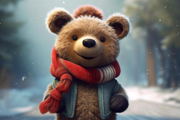 A bear with a scarf and a scarf stands on a snowy road.