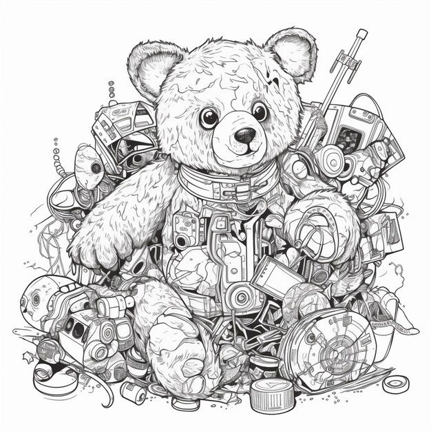 A bear with a space suit sits among junk.