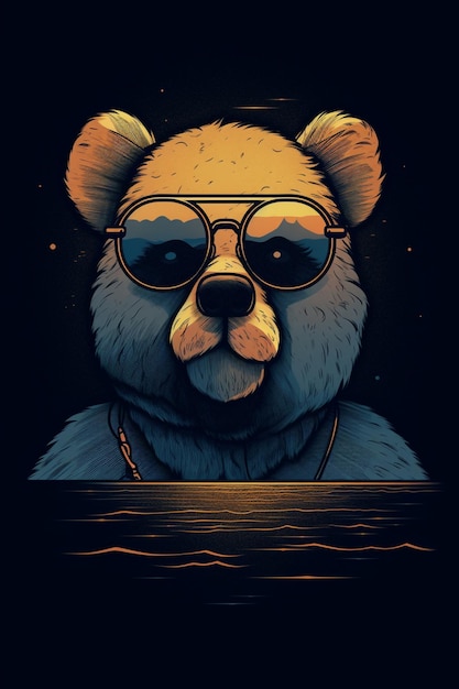 A bear with sunglasses on his head is on a dark background.