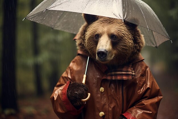 A bear with an umbrella in the rain