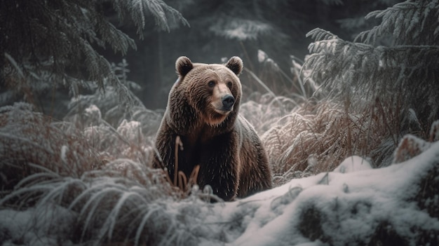 A bear in the woods in winter