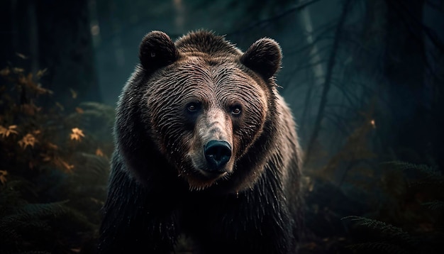 A bear in the woods with a dark background