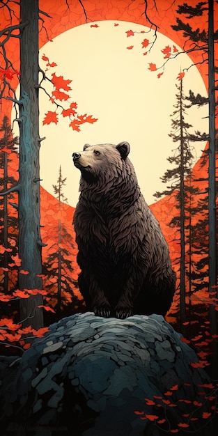 a bear in the woods with a red background with trees in the background