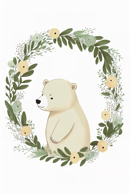 A bear in a wreath of flowers