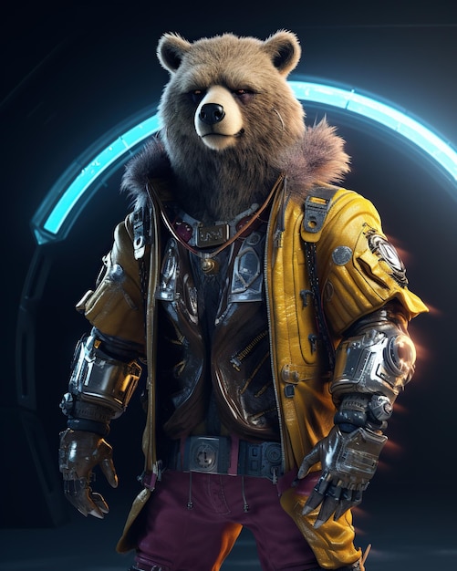 A bear in a yellow jacket and armored gloves