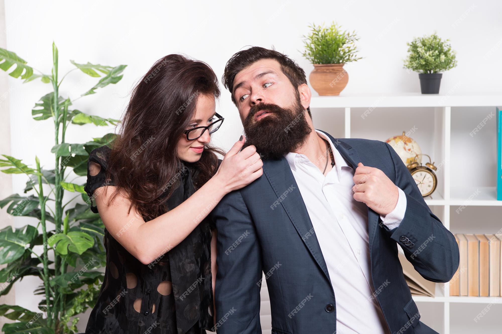 Premium Photo | Beard or barb. career woman touch hipster beard. unshaven  businessman with long beard hair. bearded man and sensual girl in office.  barbershop. hair salon. how to soften your beard.