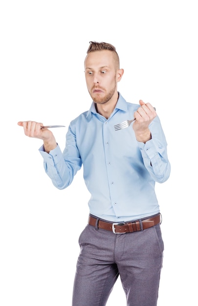 Beard man holding cutlery fork and knife on hand diet food healthy style concept isolated on a white studio background