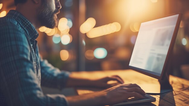 Beard man typing on a keyboard at a desk in a dimly lit room