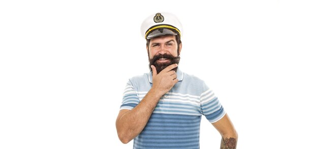 Beard rule Happy sailor with hipster beard Bearded man in navy uniform isolated on white Barbershop Beard barber Beard grooming Sea voyage Marine adventure Lets go sailing