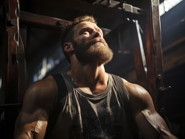 Bearded athlete resting after intense weightlifting Generative AI