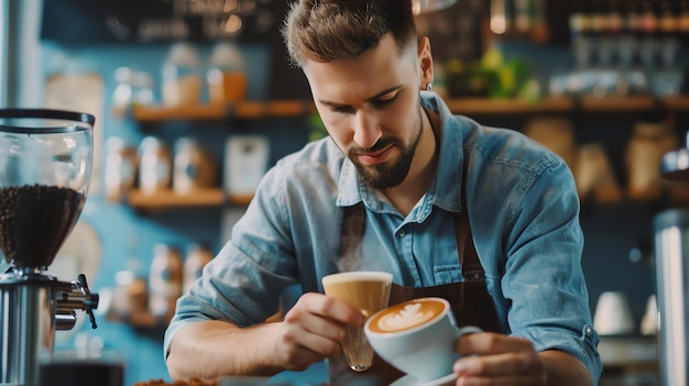 Photo bearded barista making coffee art in a coffee shop