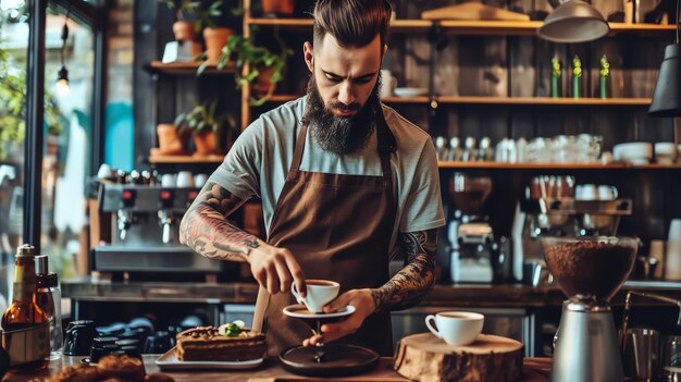 Bearded barista making coffee in a coffee shop Small business owner Coffee entrepreneur