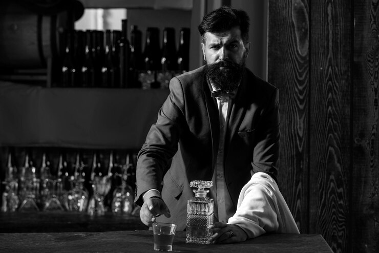 Photo bearded barman waiter standing on bar background