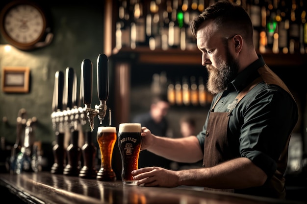 Bearded Bartender Pouring Pints of Beer for Patrons at the Bar