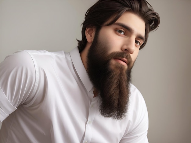 A bearded brunette man wearing a white shirt on a gray background