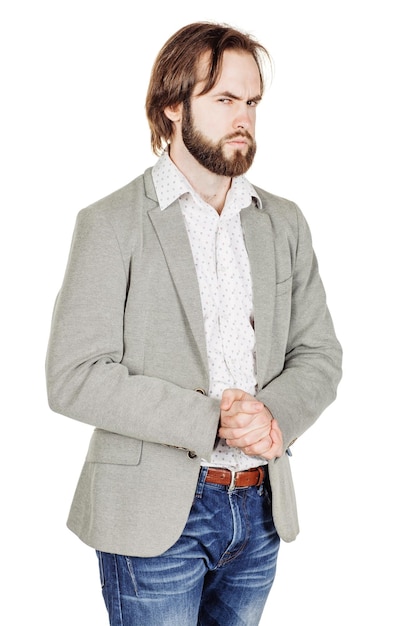 Bearded business man with suspicious emotion human emotion expression and lifestyle concept image on a white studio background