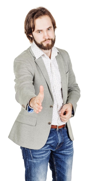 Bearded businessman giving hand for an handshake human emotion expression and office business technology finances and internet concept image isolated white backgroundxA