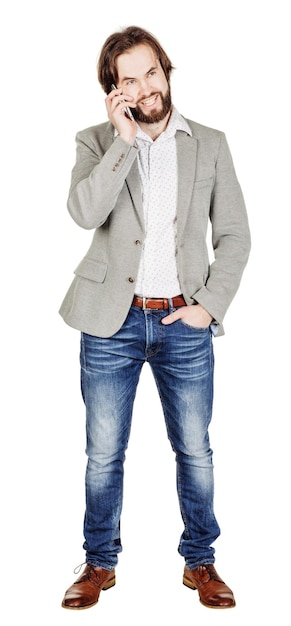 Bearded businessman talking on cell phone human emotion expression and lifestyle concept image on a white studio background