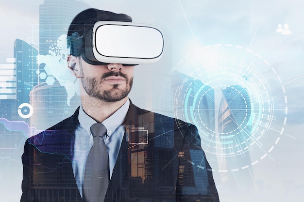 Bearded businessman in vr glasses standing over cityscape background looking at hud and business infographics. Toned image double exposure Elements of this image furnished by NASA