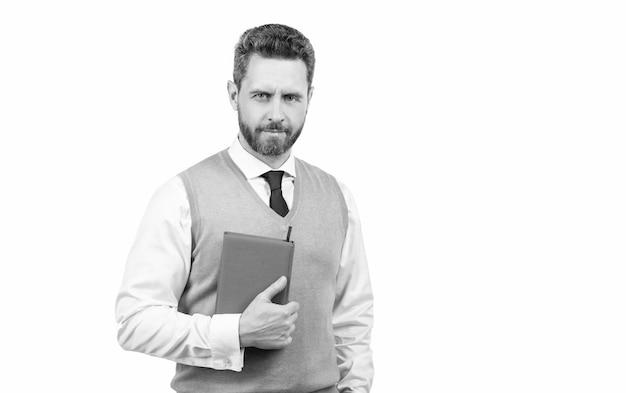 Bearded businessman with book isolated on white background teacher