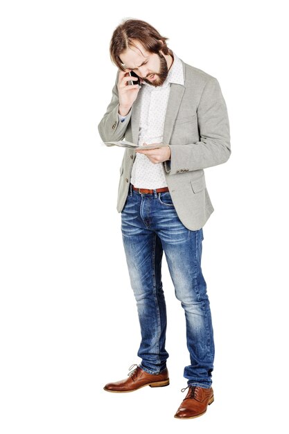 Bearded businessman with cell phone human emotion expression and lifestyle concept image on a white studio background