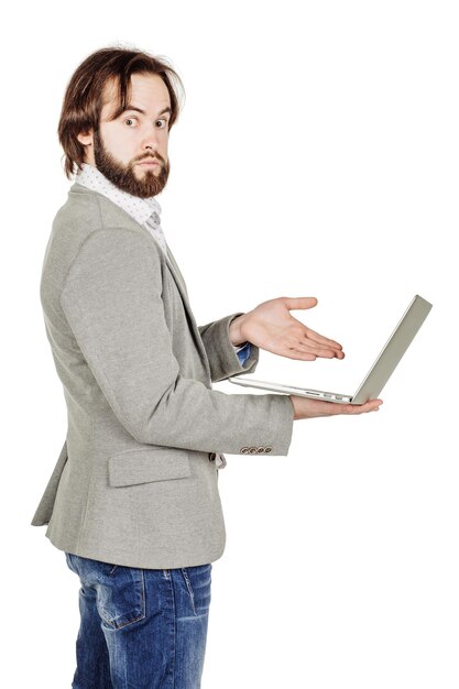 Bearded businessman with laptop computer human emotion expression and office business technology finances and internet concept image isolated white background