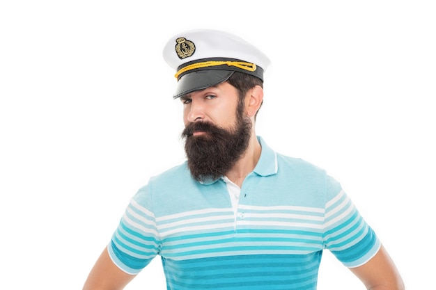 Photo bearded captain looking askance bearded man portrait bearded man wearing sailor cap